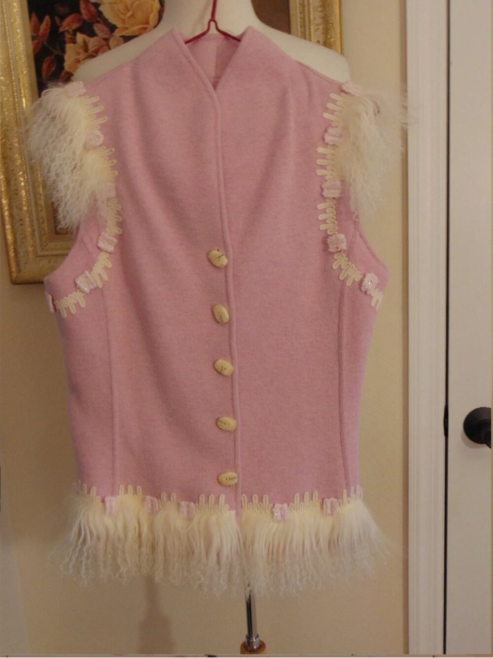 Vintage Pink Wool Vest: Tibetan Lamb Fur Trim, Barbiecore Fashion